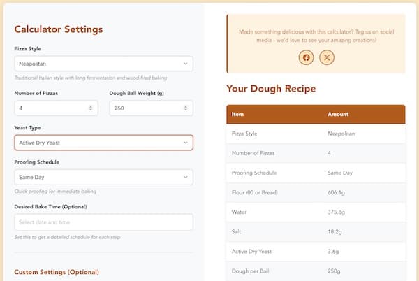 Pizza dough calculator tool showing precise measurements for flour, water, yeast, and salt for perfect homemade pizza dough
